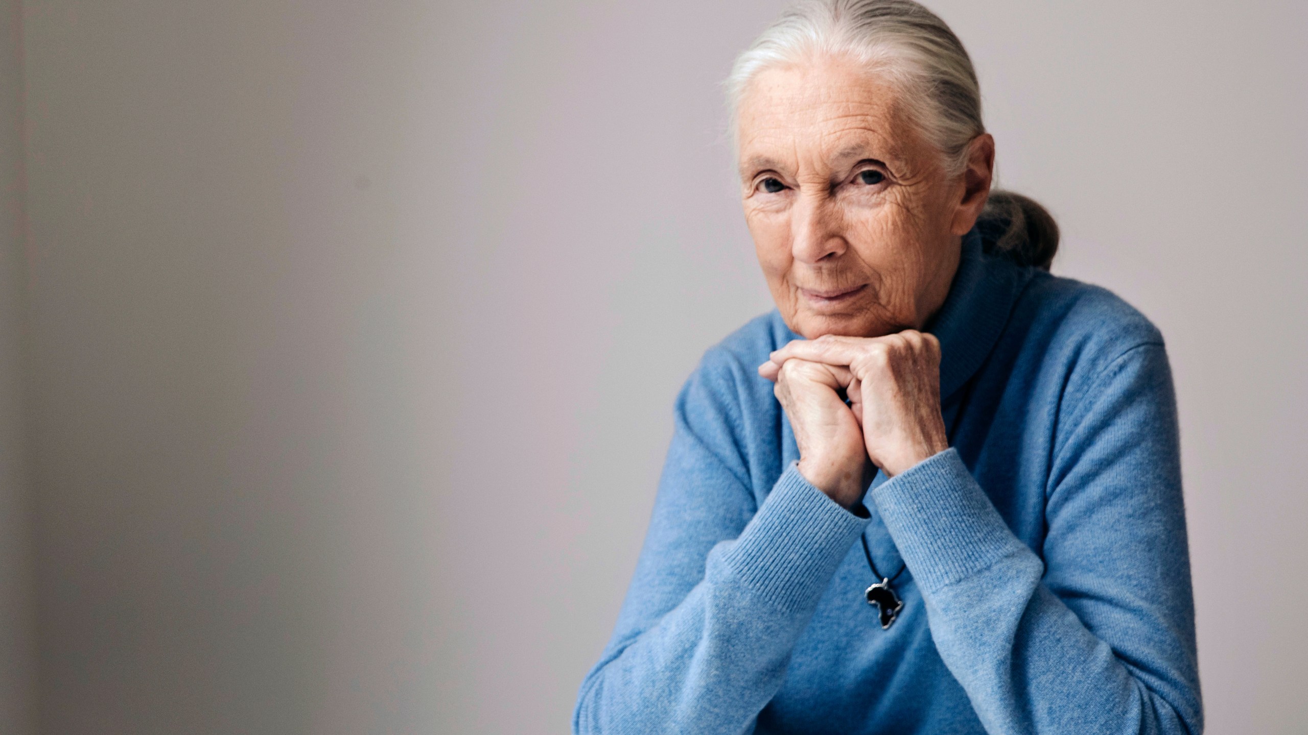 FILE - British primatologist, ethologist, and anthropologist Jane Goodall poses for a portrait in New York to promote the Disneynature film, "Born in China", April 7, 2017. Goodall, the conservationist renowned for her groundbreaking chimpanzee field research and globe-spanning environmental advocacy, died Wednesday, Oct. 1, 2025. She was 91. (Photo by Victoria Will/Invision/AP File)