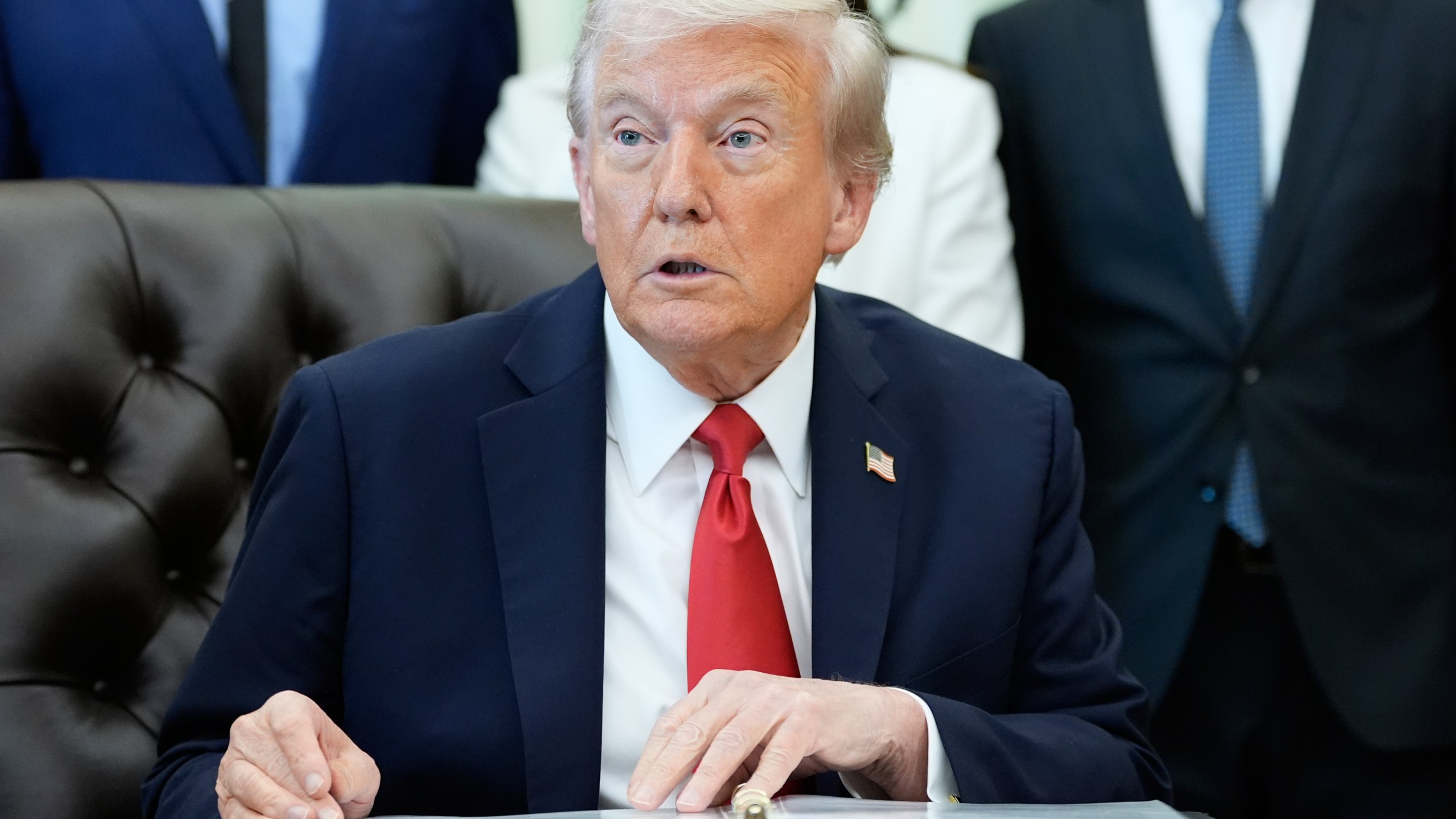 President Donald Trump speaks in the Oval Office of the White House, Thursday, Oct. 16, 2025, in Washington. (AP Photo/Alex Brandon)