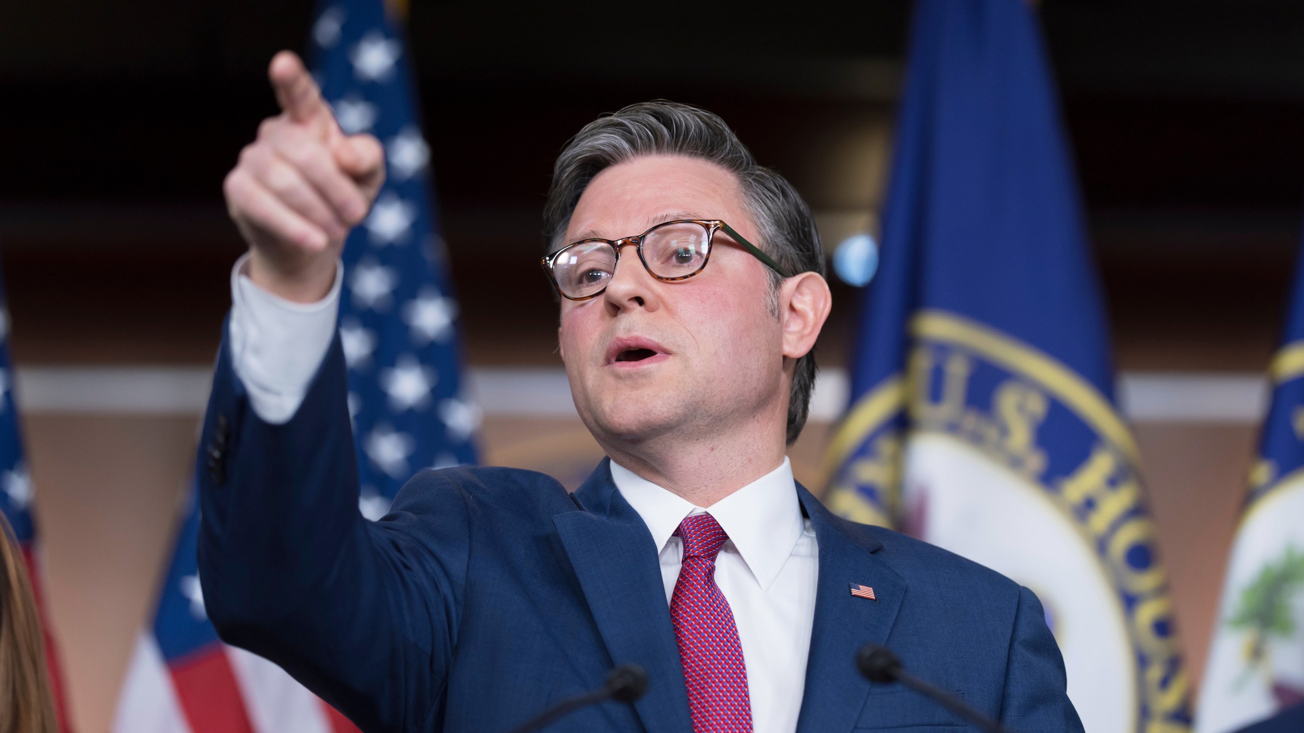 Speaker of the House Mike Johnson, R-La., addresses reporters on day 17 of the government shutdown with no resolution in sight to the crisis, at the Capitol in Washington, Friday, Oct. 17, 2025. (AP Photo/J. Scott Applewhite)