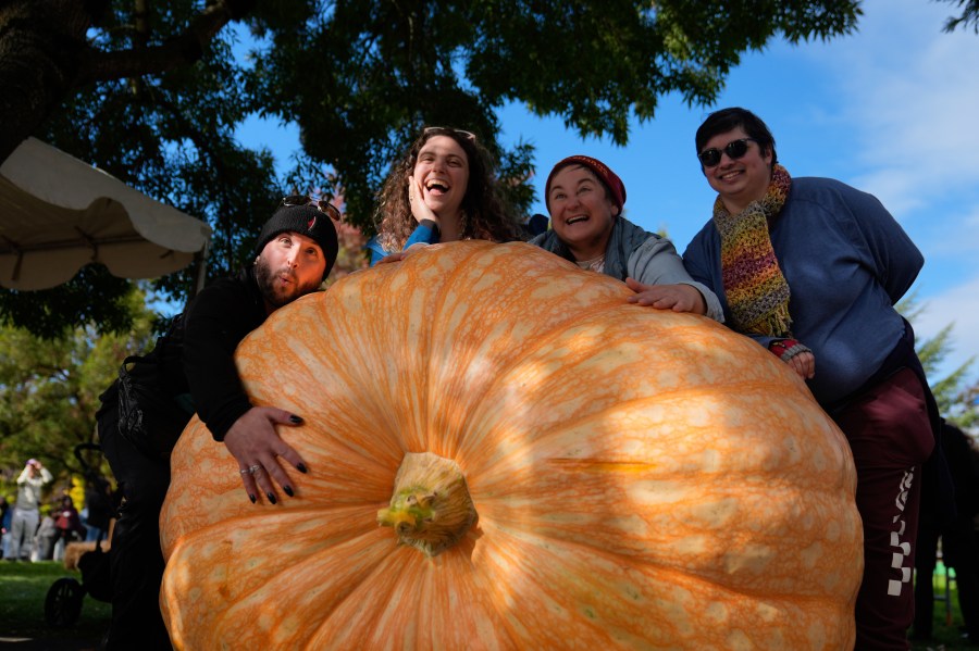 From left, Brod Salo, Julia, Rae Nathanson and Ellis Lorant pose with a giant pumpkin during the West Coast Giant Pumpkin Regatta on Sunday, Oct. 19, 2025, in Tualatin, Ore. (AP Photo/Jenny Kane)