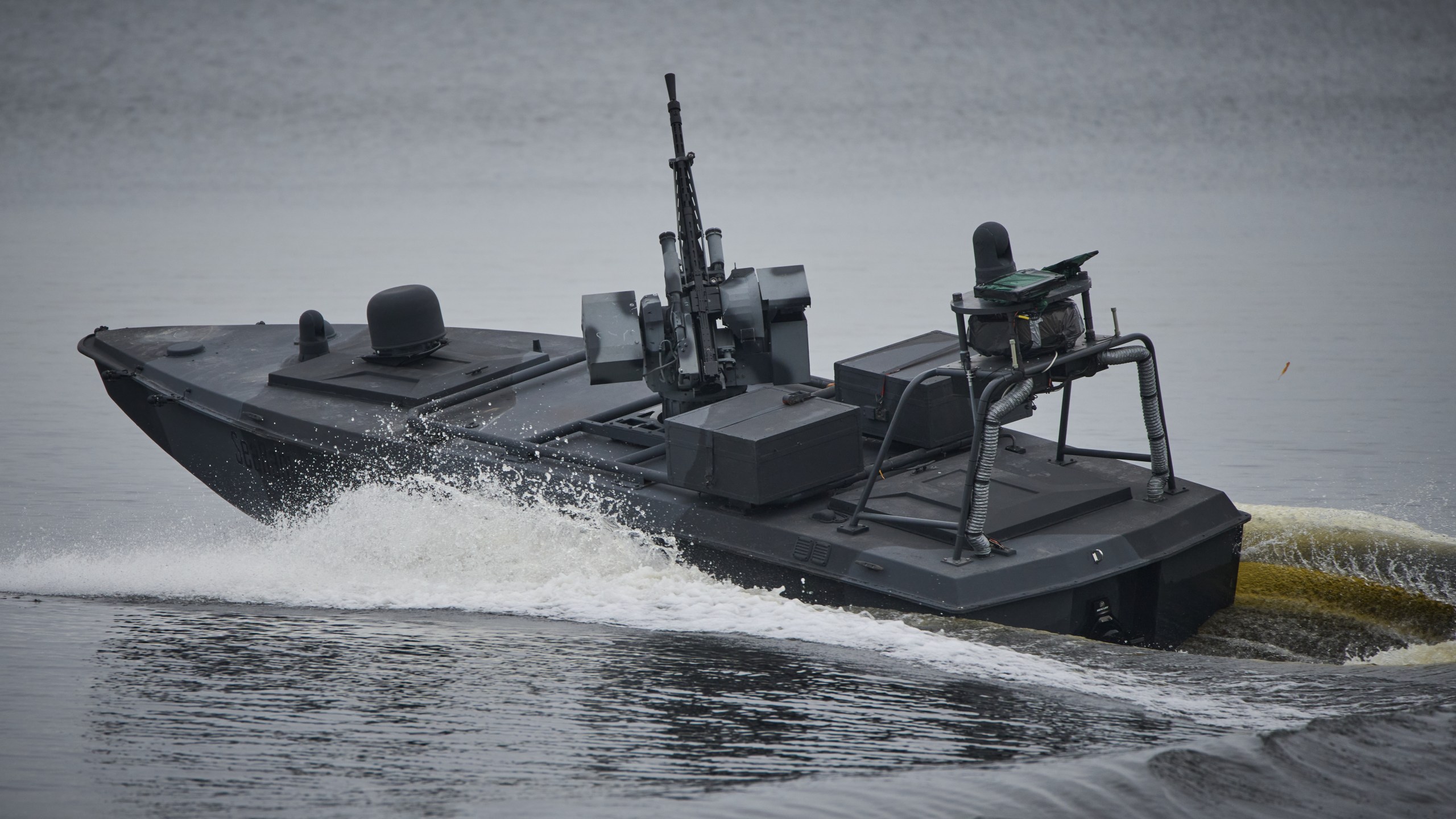 A Sea Baby drone rides on the water during a demonstration by Ukraine's Security Service in an undisclosed location in Ukraine Friday, Oct. 17, 2025. (AP Photo/Efrem Lukatsky)