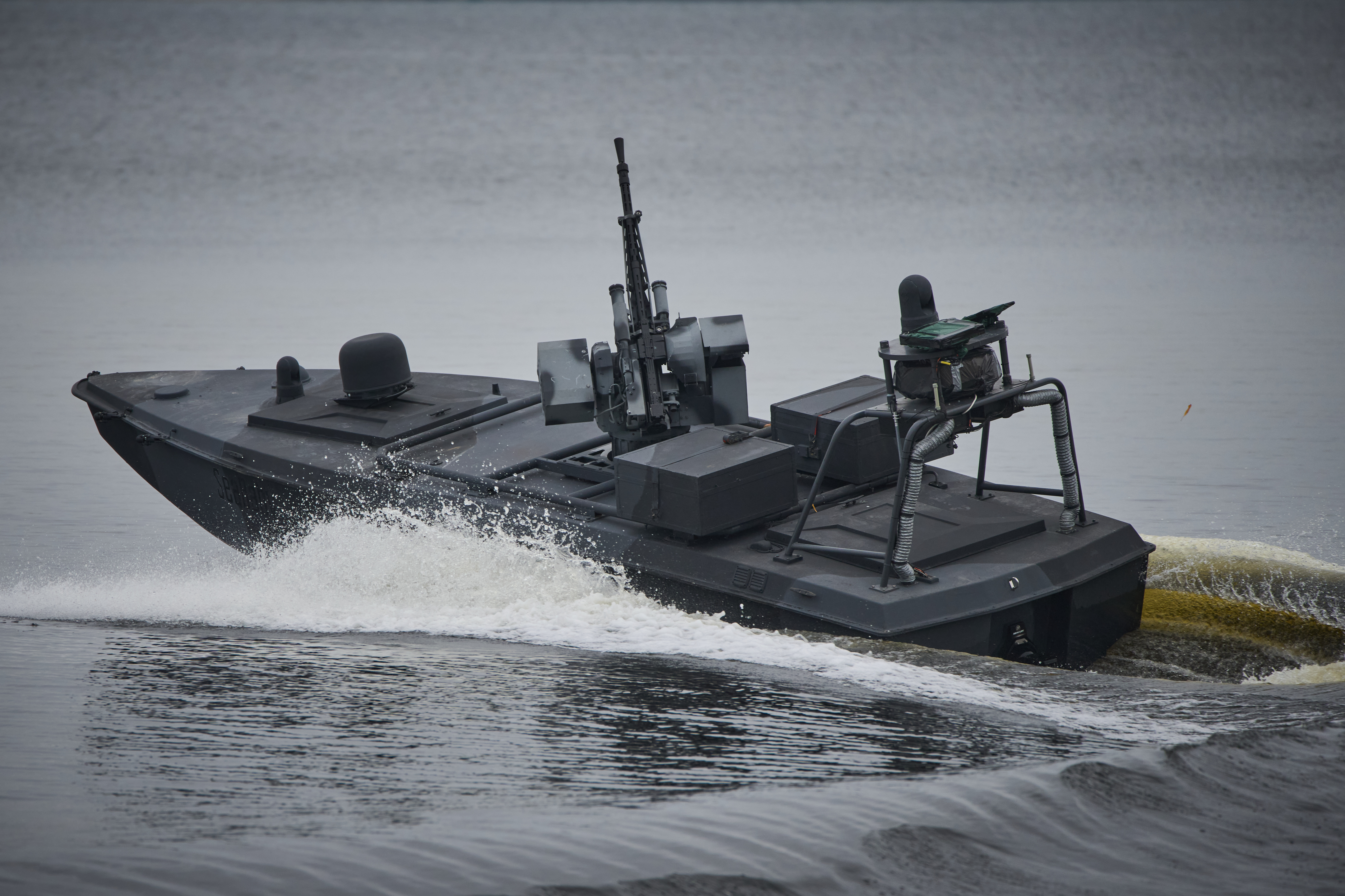 A Sea Baby drone rides on the water during a demonstration by Ukraine's Security Service in an undisclosed location in Ukraine Friday, Oct. 17, 2025. (AP Photo/Efrem Lukatsky)