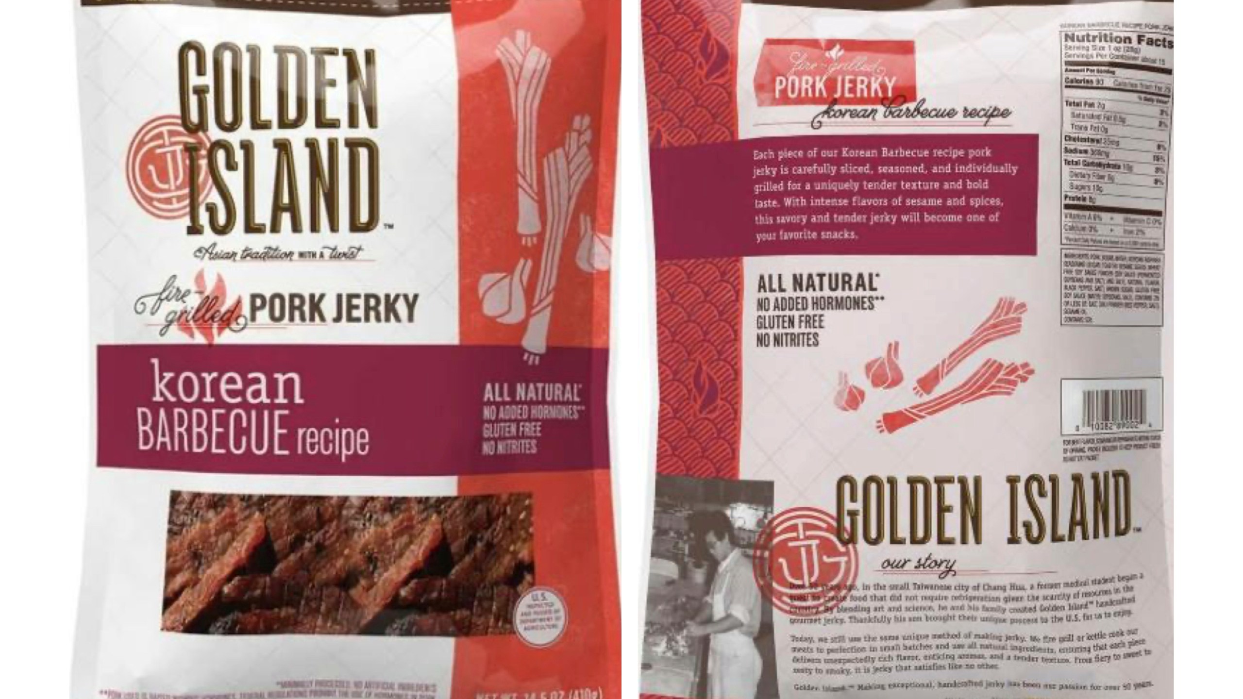 This combination of images provided by the U.S. Department of Agriculture shows packaging for Korean barbecue pork jerky sold at Costco and Sam's Club stores which was recalled because the product may be contaminated with pieces of metal, the USDA said Friday, Oct. 24, 2025. (USDA via AP)