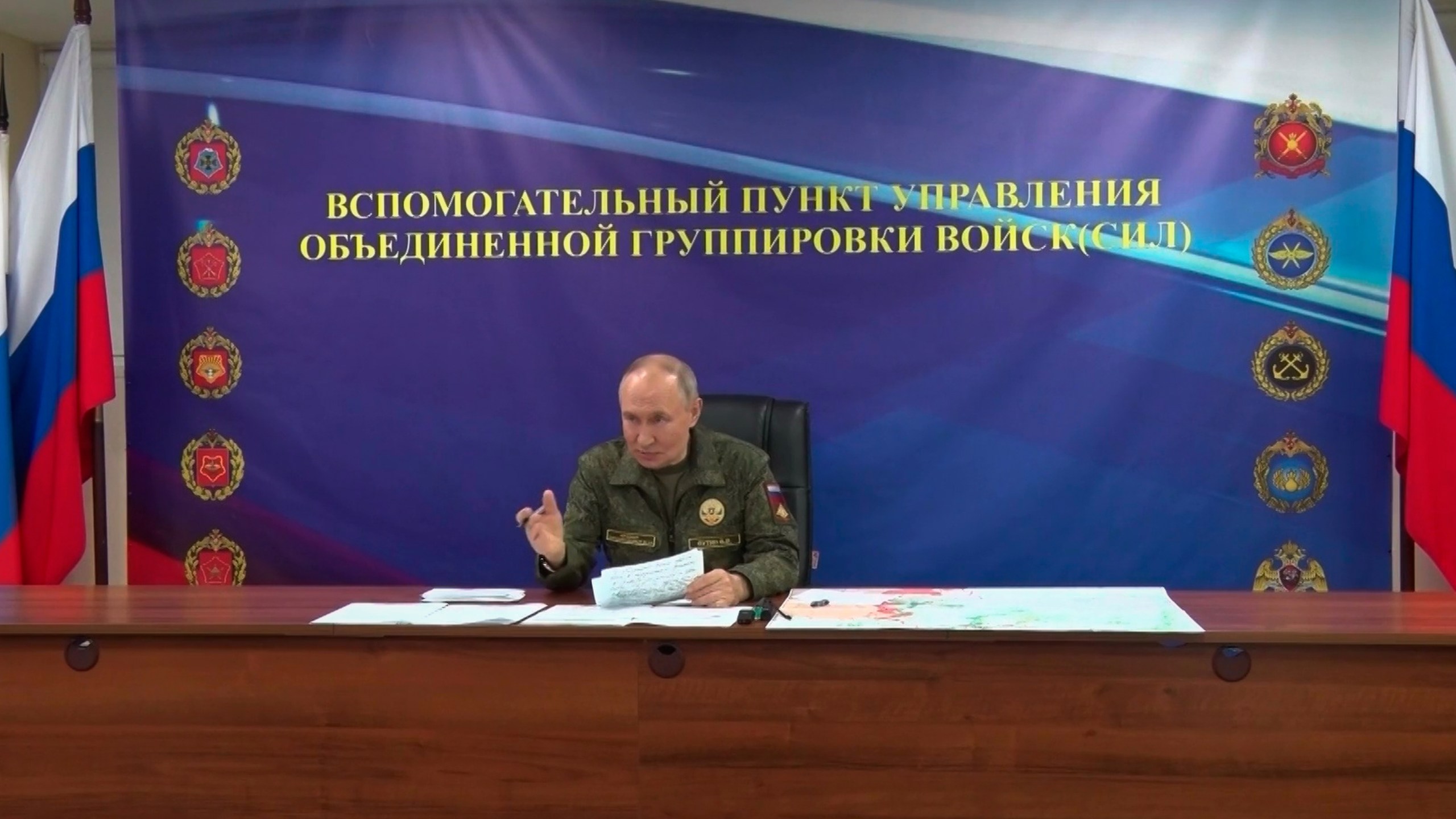 In this image made from video released by the Russian Presidential Press Office on Sunday, Oct. 26, 2025, Russian President Vladimir Putin speaks while visiting one of the command posts of the Joint Group of Forces. (Russian Presidential Press Office via AP)