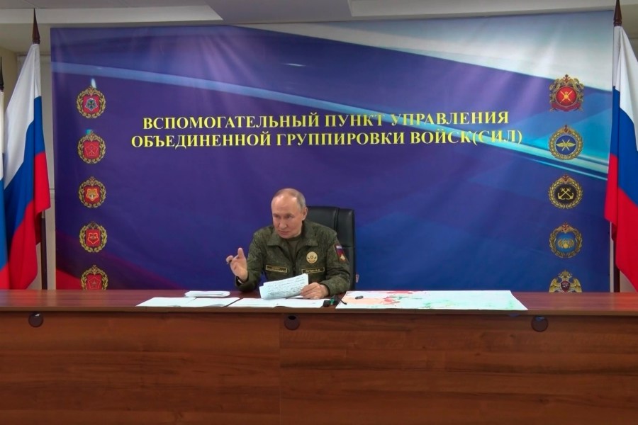 In this image made from video released by the Russian Presidential Press Office on Sunday, Oct. 26, 2025, Russian President Vladimir Putin speaks while visiting one of the command posts of the Joint Group of Forces. (Russian Presidential Press Office via AP)