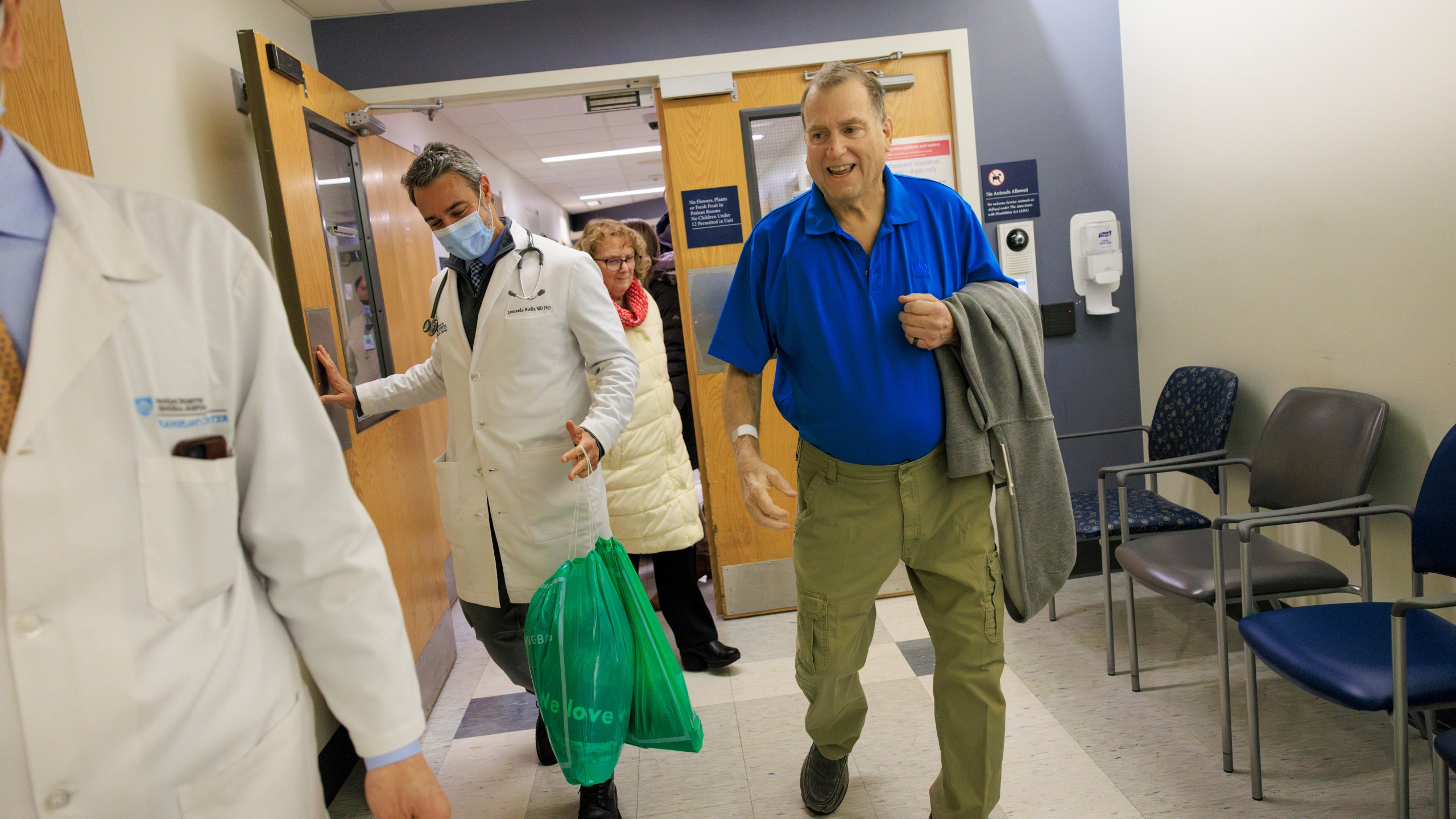 FILE - This image provided by Massachusetts General Hospital shows Tim Andrews smiling as he leaves Massachusetts General Hospital in Boston on Feb. 1, 2025. (Kate Flock/Massachusetts General Hospital via AP, file)