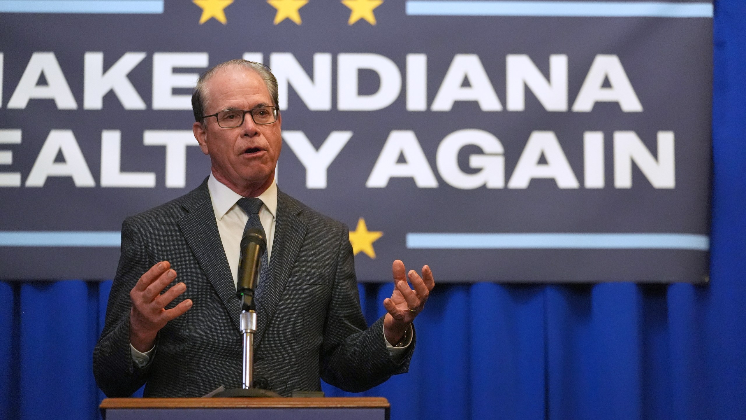 FILE - Indiana Gov. Mike Braun speaks during a Make Indiana Healthy Again initiative event in Indianapolis, April 15, 2025. (AP Photo/Michael Conroy, file)