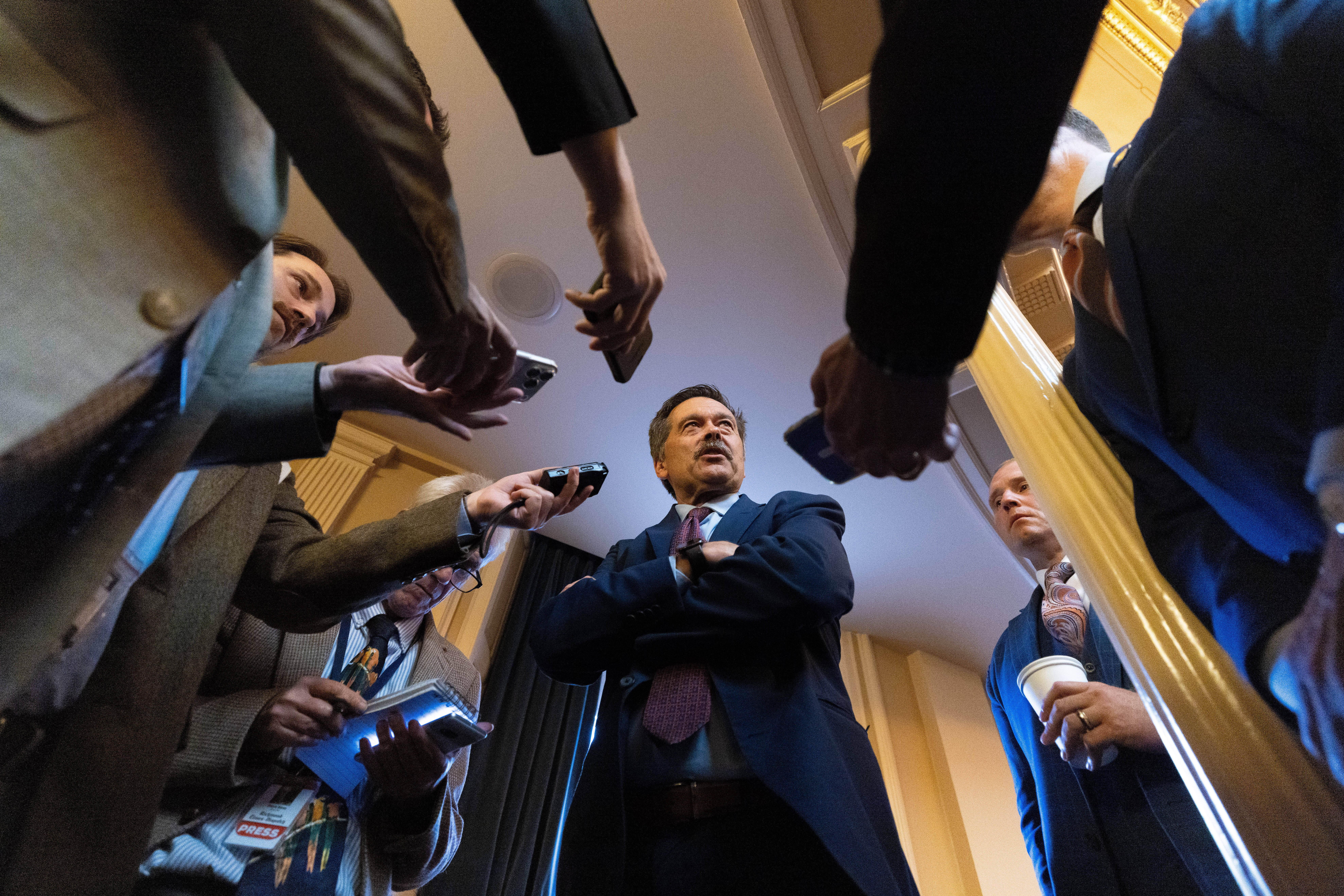 House Minority Leader Del. Terry Kilgore, R-Scott, speaks to members of the media during a special legislative session, Monday, Oct. 27, 2025, in Richmond, Va. (Mike Kropf/Richmond Times-Dispatch via AP)