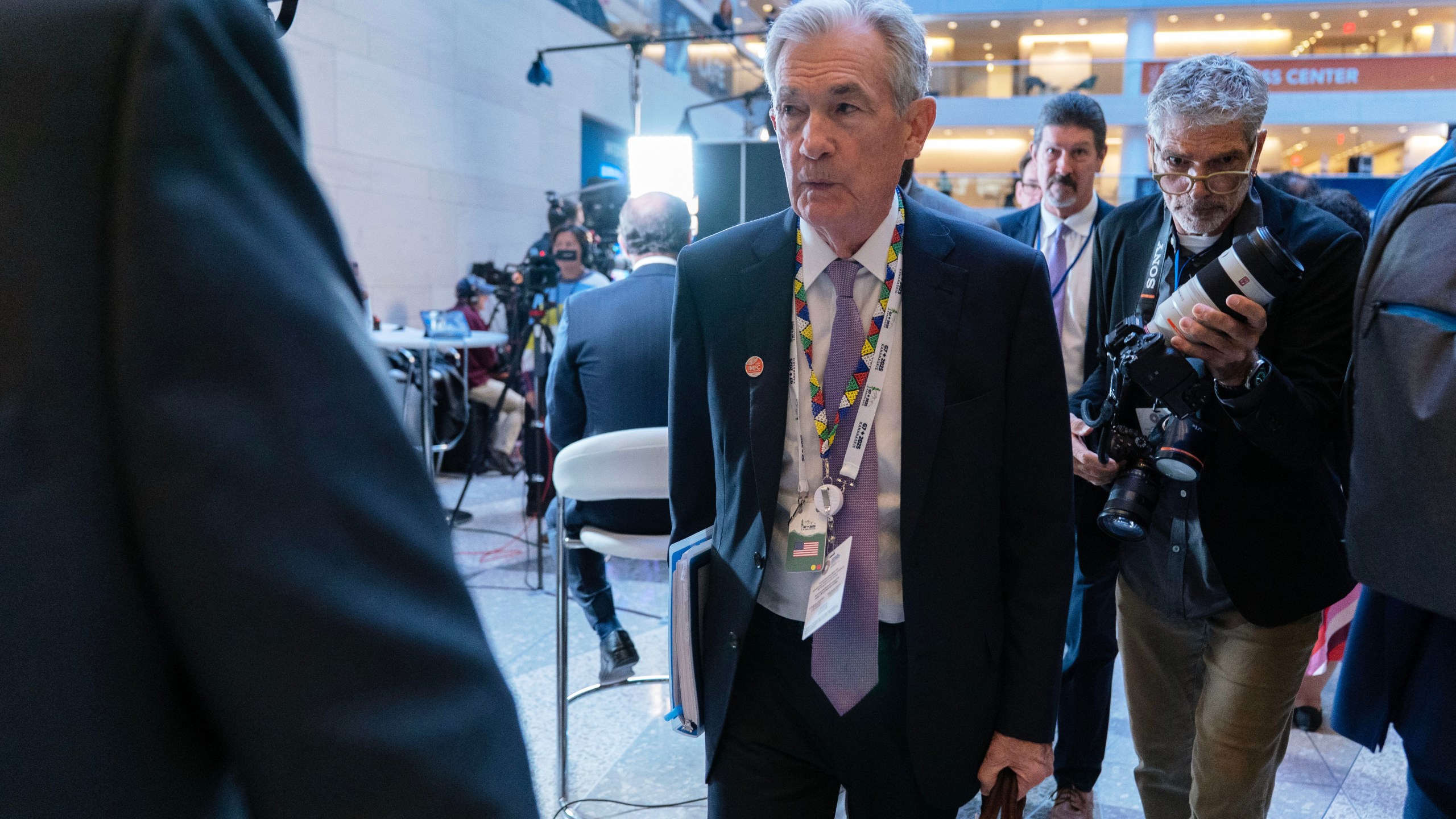 Federal Reserve Board Chairman Jerome Powell walks to a meeting during the World Bank/IMF Annual Meetings at the International Monetary Fund (IMF) headquarters in Washington, Thursday, Oct. 16, 2025. (AP Photo/Jose Luis Magana)