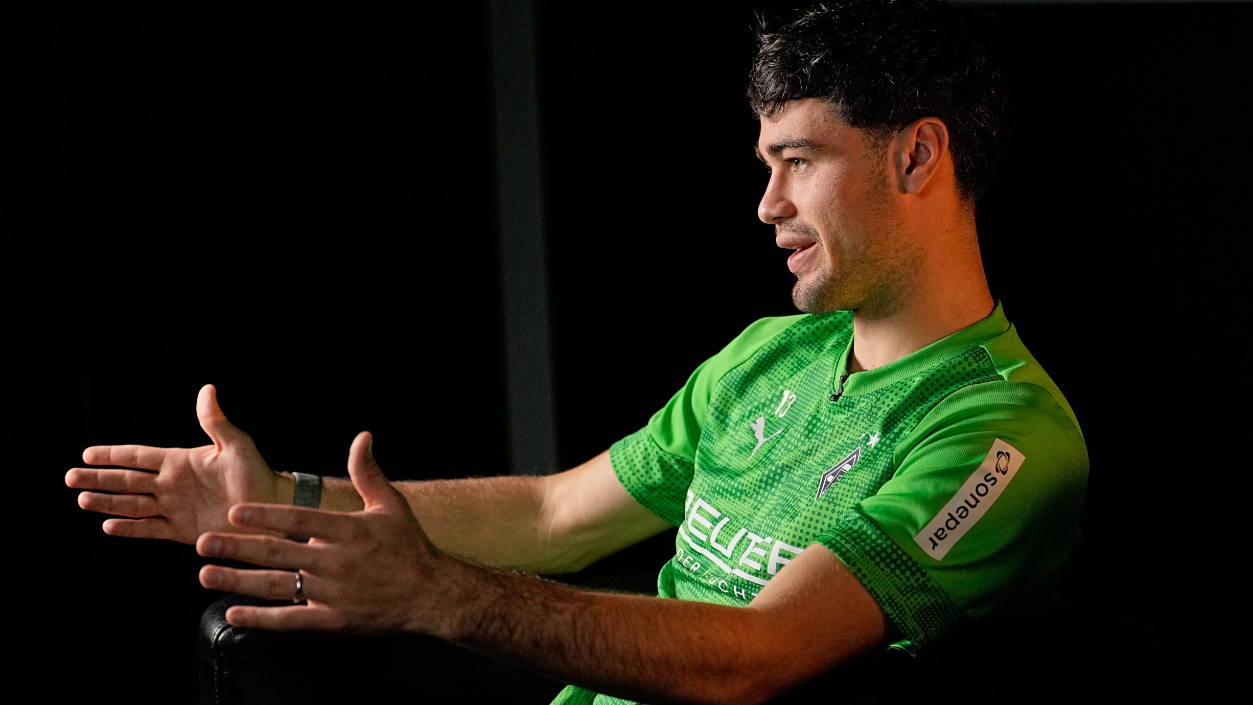 American soccer player Gio Reyna talks during an interview with The Associated Press at the stadium of his Bundesliga club Borussia Moenchengladbach in Moenchengladbach, Germany, Tuesday, Oct. 21, 2025. (AP Photo/Martin Meissner)