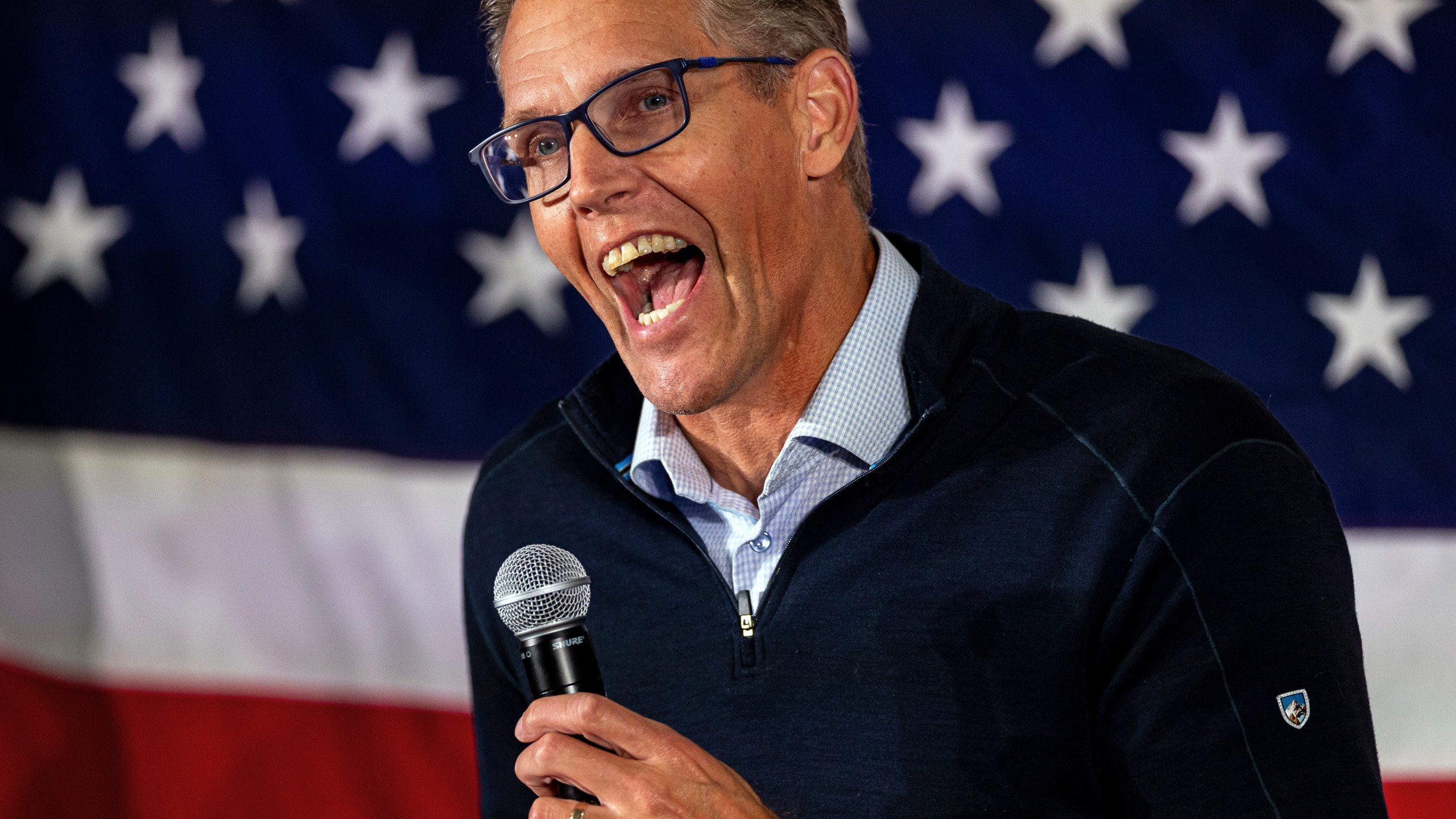 Rep. Randy Feenstra, R-Iowa, speaks during the Triple M Tailgate fundraiser for U.S. Rep. Mariannette Miller-Meeks, R-Iowa, in Iowa City, Iowa, Friday, Oct. 24, 2025. (Nick Rohlman/The Gazette via AP)