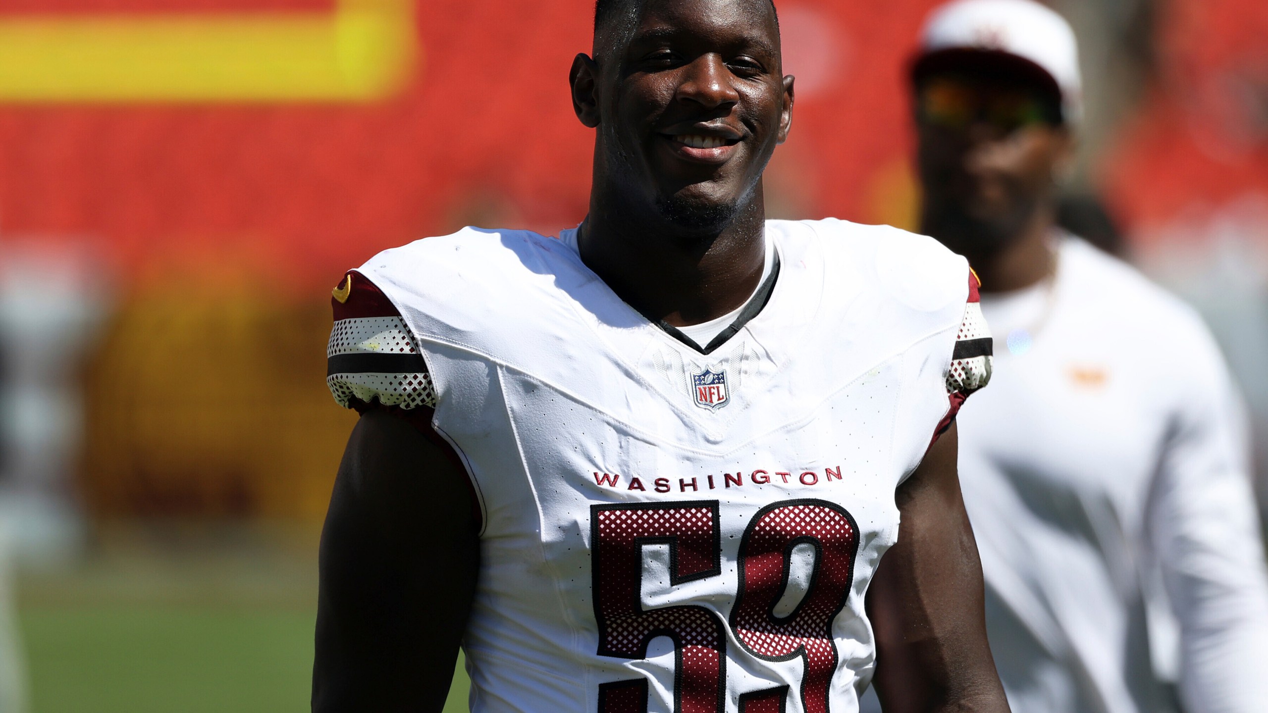 FILE - Washington Commanders linebacker T.J. Maguranyanga (59) looks on after an NFL football game against the Baltimore Ravens, Saturday, Aug. 23, 2025, in Landover. (AP Photo/Daniel Kucin Jr., File)