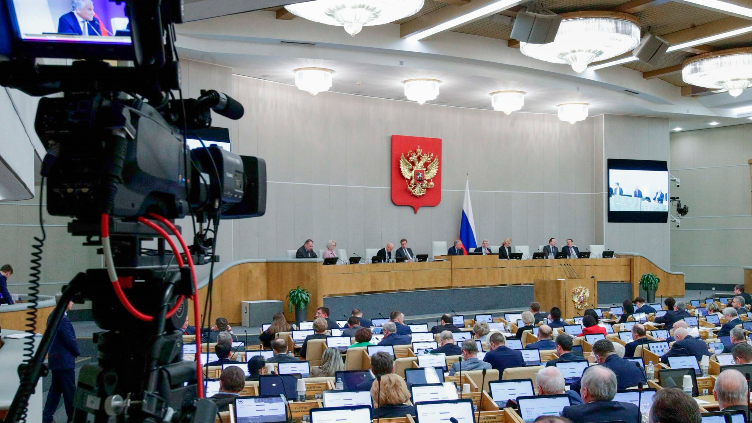 In this photo provided by The State Duma, Lower House of the Russian Parliament Press Service, deputies attend a session at the State Duma, the lower house of the Russian parliament in Moscow, Tuesday, Oct. 28, 2025. (The State Duma, Lower House of the Russian Parliament Press Service via AP)