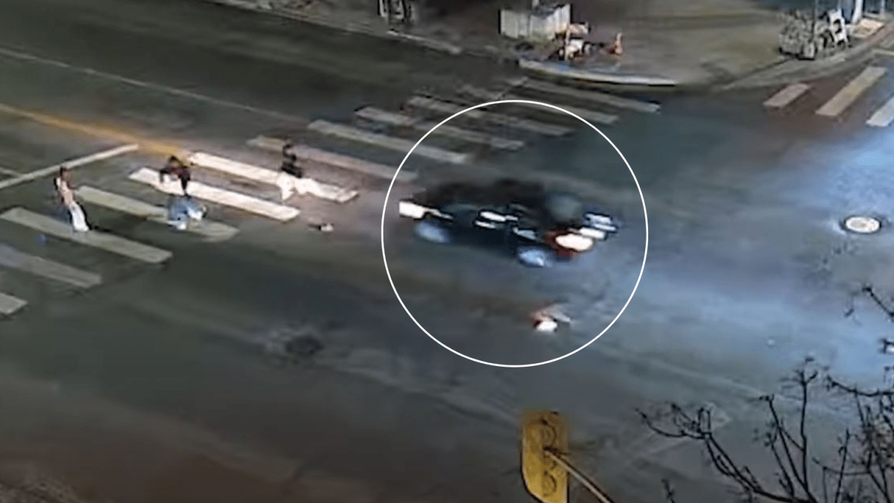 Surveillance video captured the speeding driver striking a pedestrian who was using a crosswalk near the campus of USC on Oct. 1, 2025. (Los Angeles Police Department)