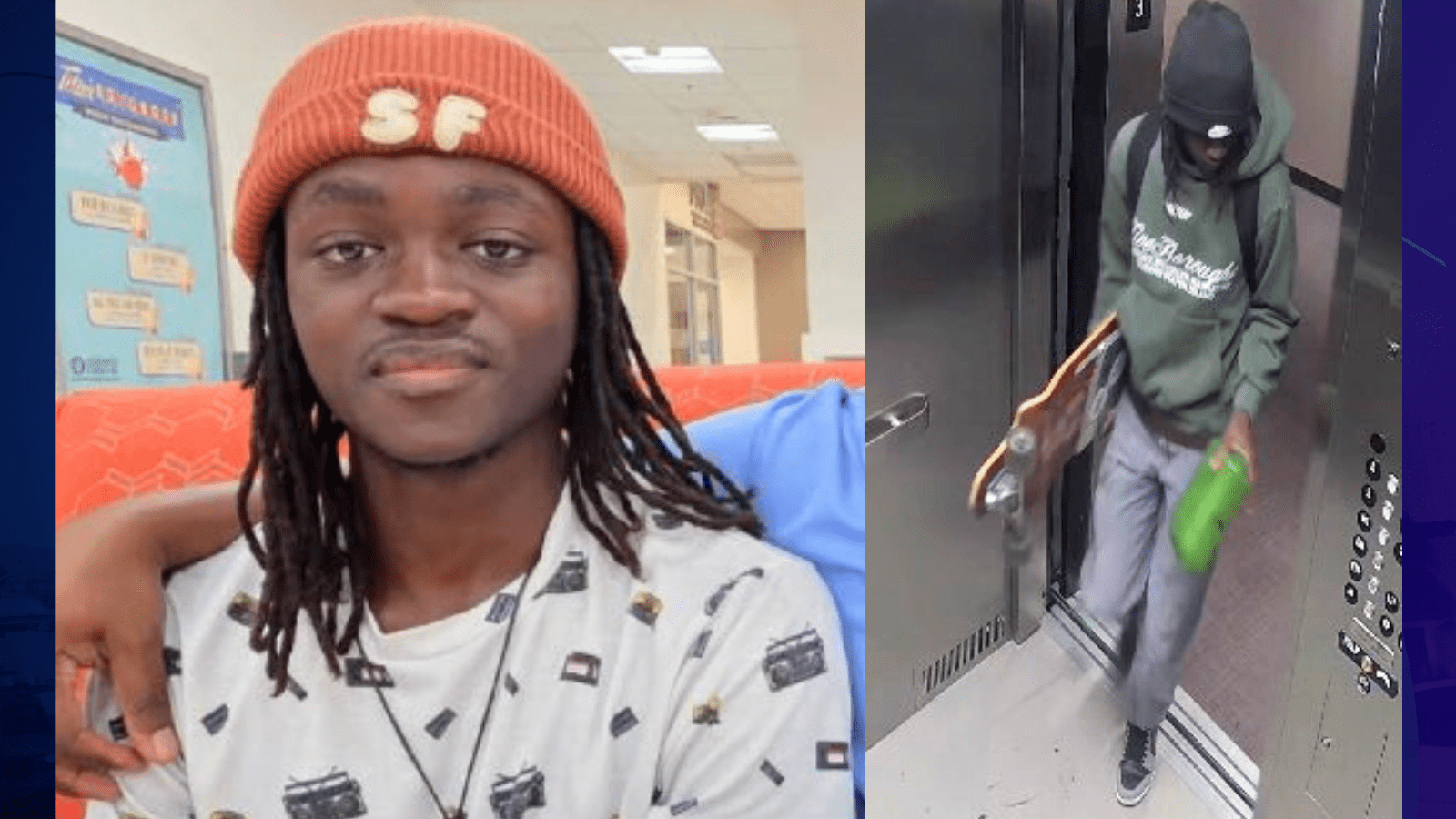 From left: Nicholas Adunagow is seen in a recent photo / An elevator picture captured what Nicholas Adunagow was wearing shortly before he disappeared on Oct. 14, 2025. (Cal State Fullerton Police)