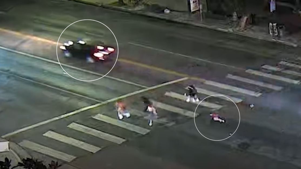 Surveillance video captured the speeding driver striking a pedestrian who was using a crosswalk near the campus of USC on Oct. 1, 2025. (Los Angeles Police Department)
