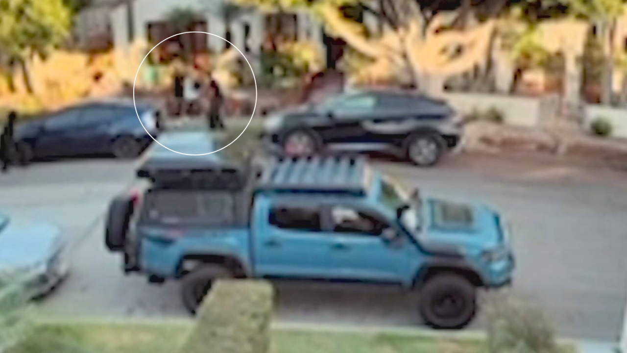 Surveillance cameras captured the moment two men were swarmed by a group of thieves in broad daylight in the upscale Belmont Shore neighborhood of Long Beach on Oct. 12, 2025. (Christian Rivera)