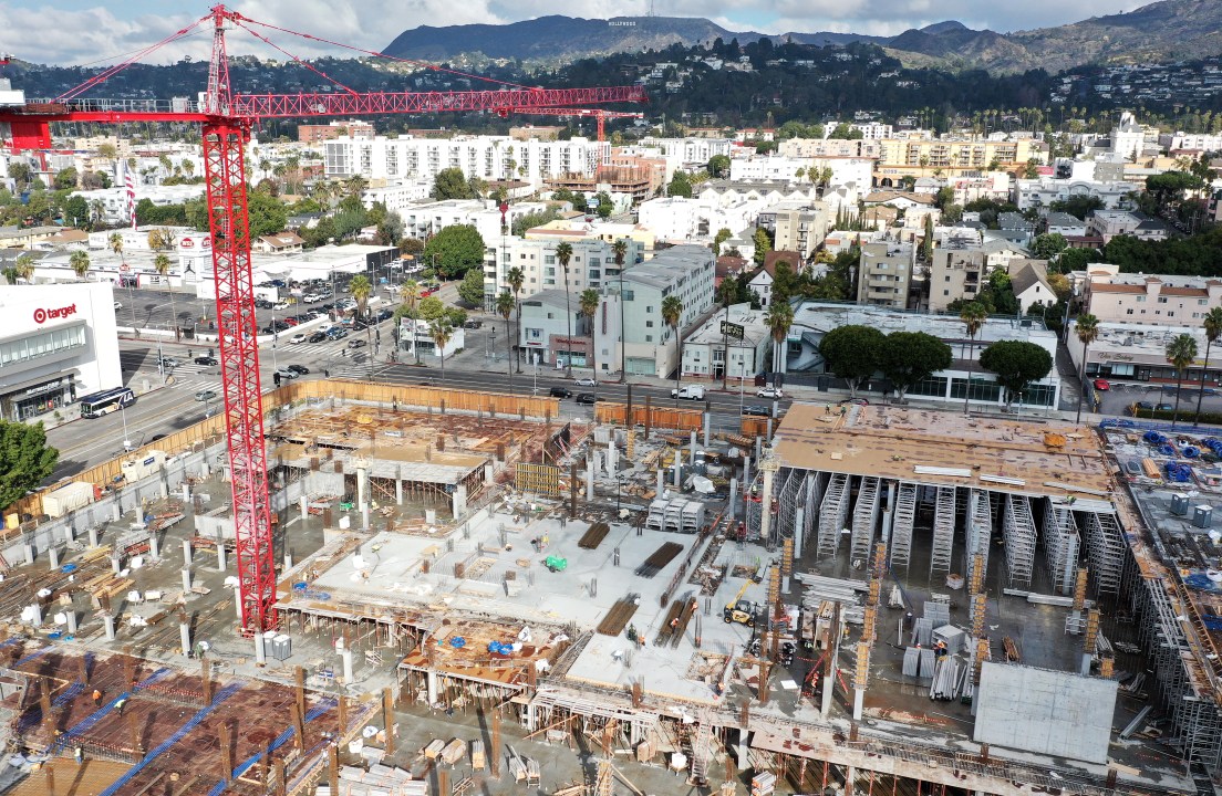 An aerial view of construction on a mixed-use apartment complex in Hollywood on Jan. 25, 2024 in Los Angeles, California. (Getty Images)