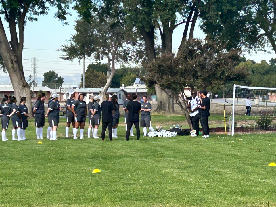 Incarcerated women at the California Institute for Women take drills on a soccer field as part of a rehabilitation program crafted with the help of Angel City Football Club. (California Department of Corrections and Rehabilitation)