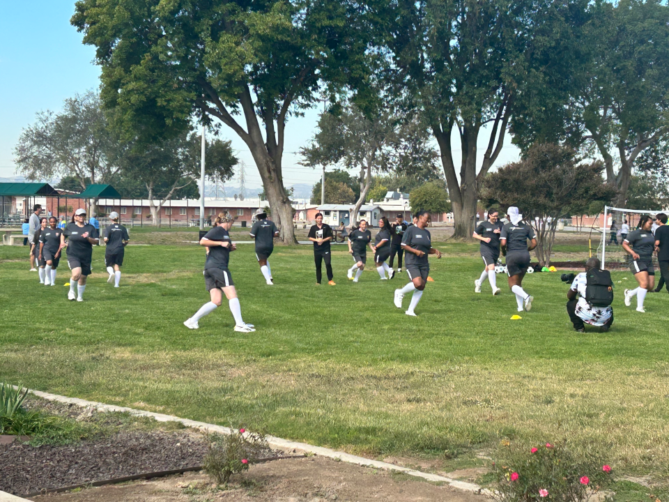 Incarcerated women at the California Institute for Women take drills on a soccer field as part of a rehabilitation program crafted with the help of Angel City Football Club. (California Department of Corrections and Rehabilitation)