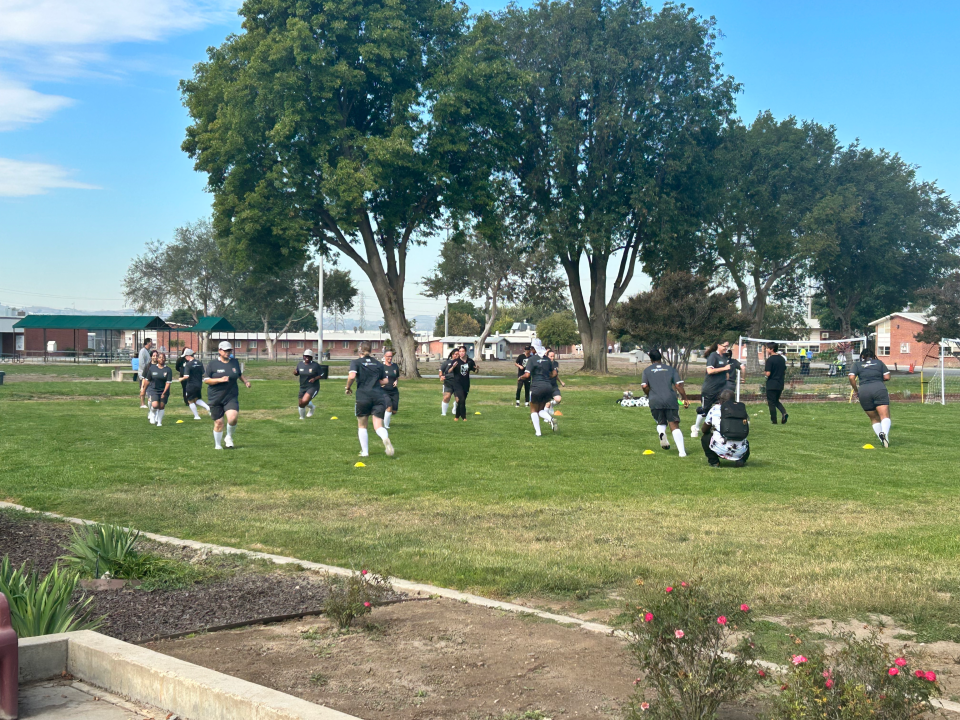 Incarcerated women at the California Institute for Women take drills on a soccer field as part of a rehabilitation program crafted with the help of Angel City Football Club. (California Department of Corrections and Rehabilitation)