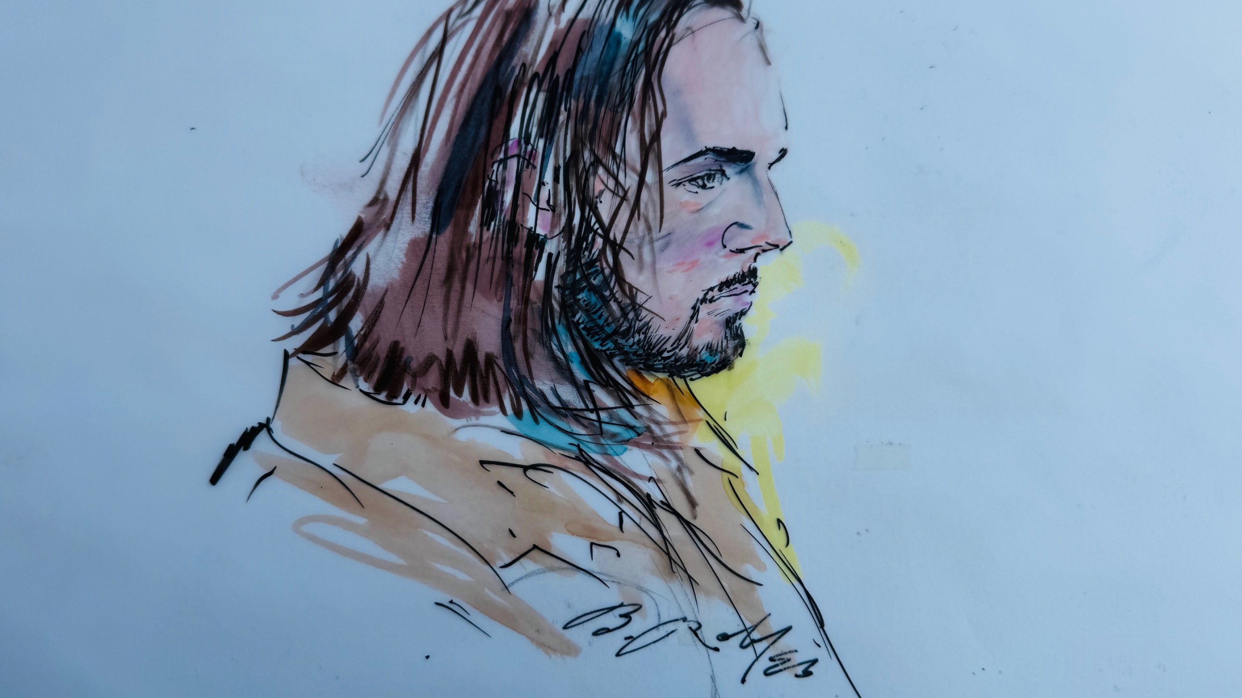 A courtroom sketch of Jonathan Rinderknecht, 29, during his initial court appearance on Oct. 23, 2025.