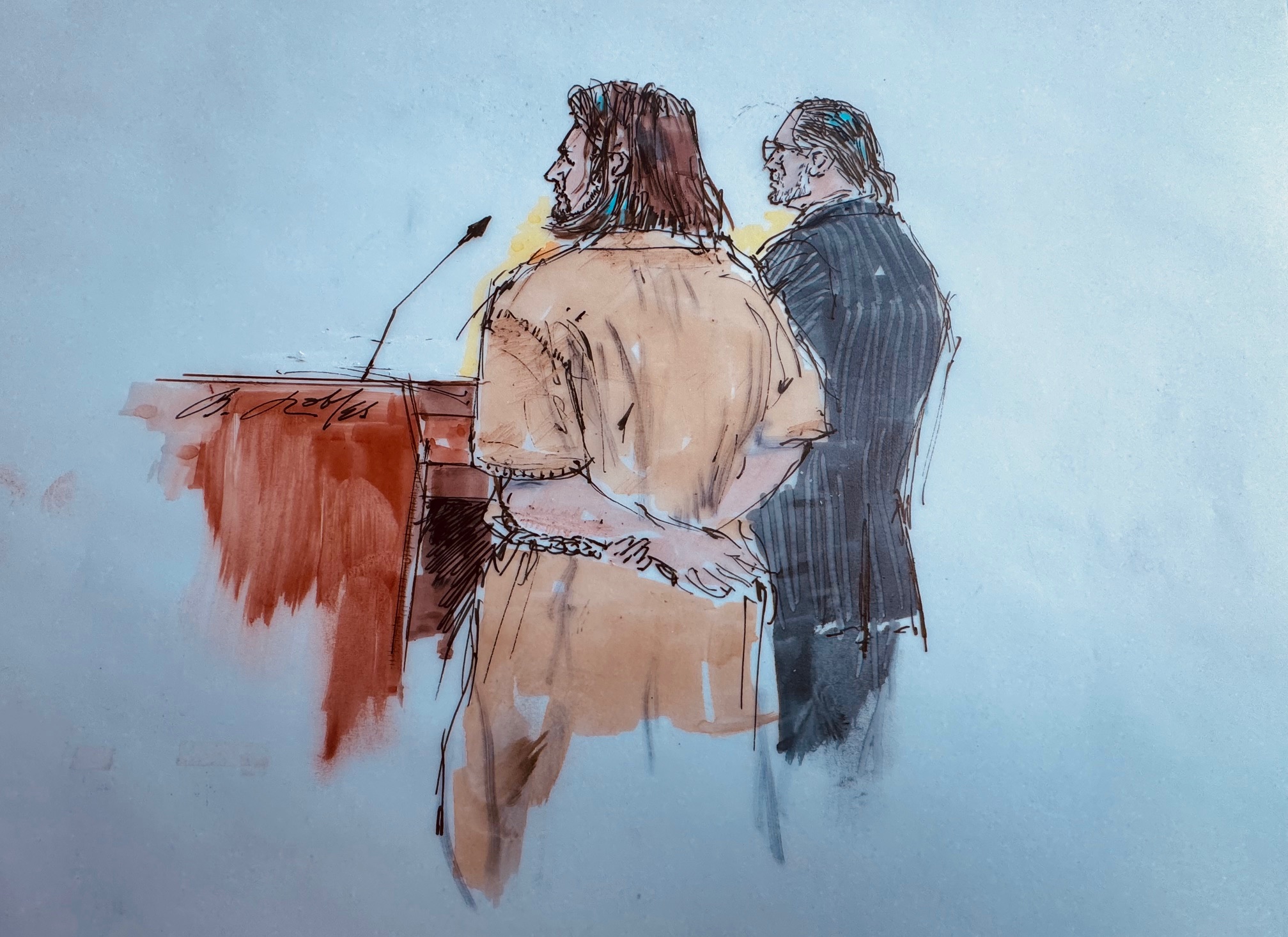 A courtroom sketch of Jonathan Rinderknecht, 29, during his initial court appearance on Oct. 23, 2025.