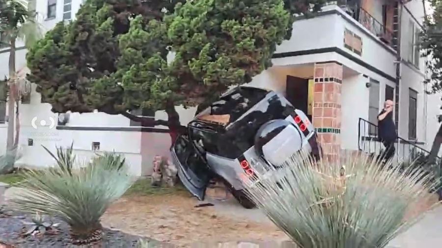 One person was hospitalized after a vehicle crashed into an apartment building in Los Angeles’ Beverly Grove neighborhood on Oct. 25, 2025. (Citizen)
