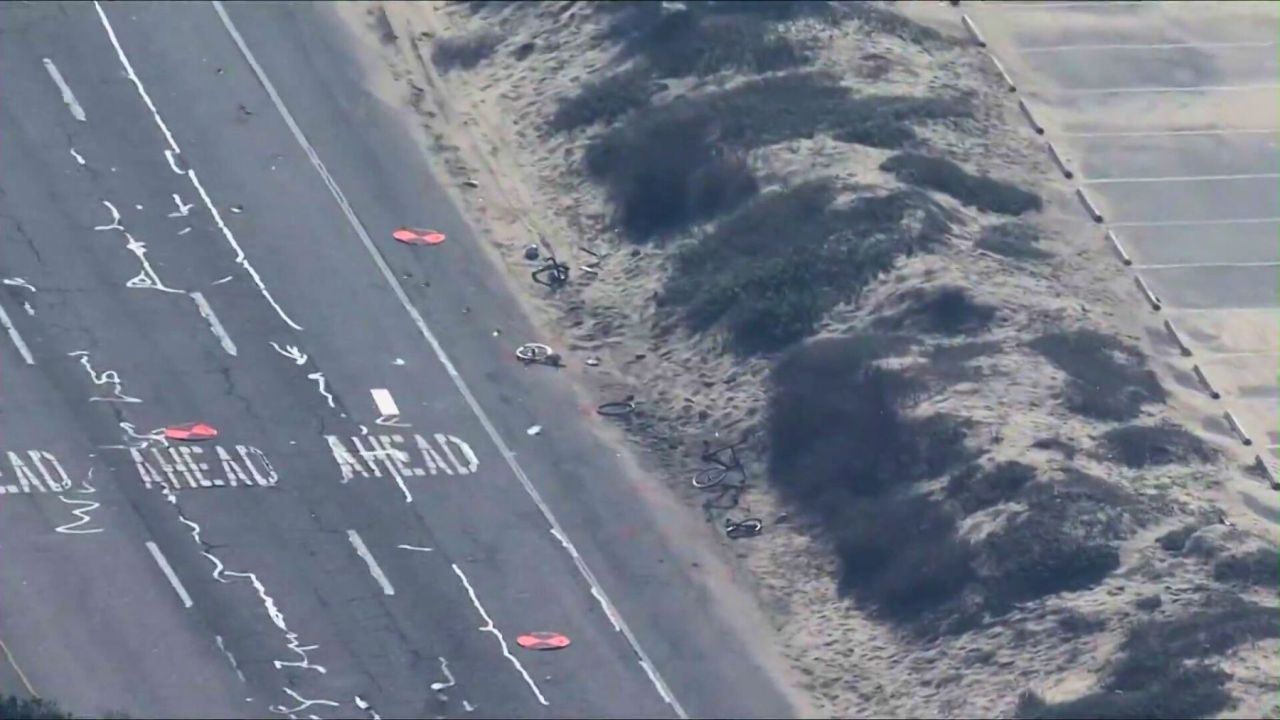 One cyclist was killed and two others were severely injured in a hit-and-run crash on Oct. 20, 2025 in Huntington Beach, Calif. (KTLA)