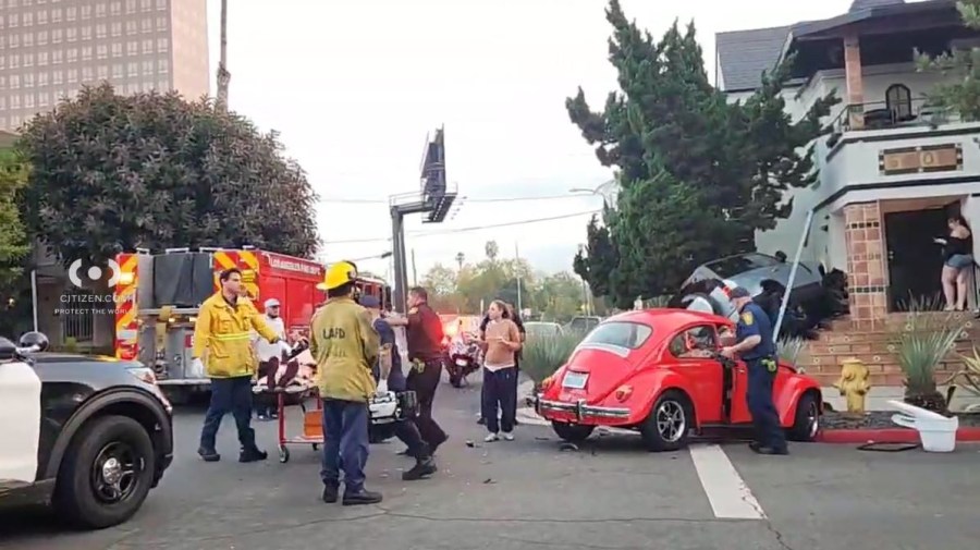 One person was hospitalized after a vehicle crashed into an apartment building in Los Angeles’ Beverly Grove neighborhood on Oct. 25, 2025. (Citizen)