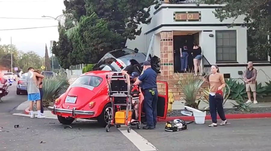 One person was hospitalized after a vehicle crashed into an apartment building in Los Angeles’ Beverly Grove neighborhood on Oct. 25, 2025. (Citizen)
