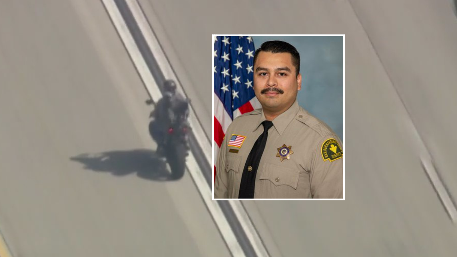 San Bernardino County Sheriff's Department deputy Andrew Nunez is shown in this undated photo provided by the Sheriff's Department. Nunez was shot and killed in the line of duty on Oct. 27, 2025. The man suspected of killing him is also seen, fleeing authorities on a motorcycle.