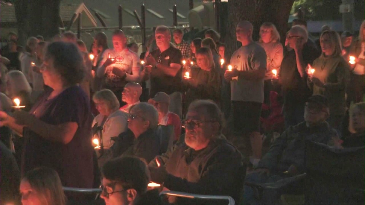 A vigil was held at a park next to the Community Church of West Garden Grove to honor pastor Eric Williams on Oct. 24, 2025. (KTLA)