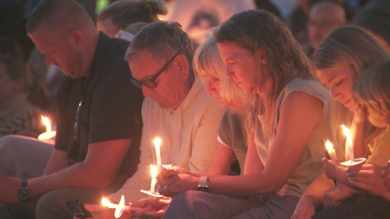 A vigil was held at a park next to the Community Church of West Garden Grove to honor pastor Eric Williams on Oct. 24, 2025. (KTLA)