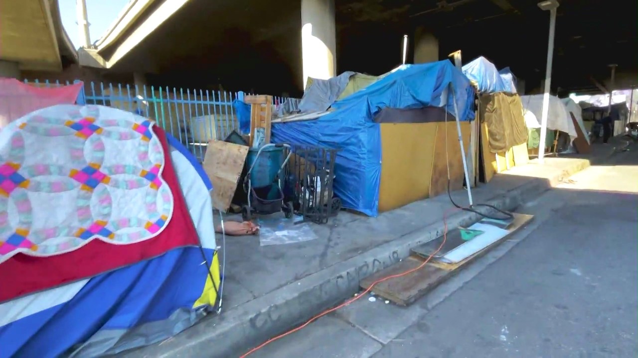 The sprawling homeless encampment sits near 17th Street underneath the 10 Freeway in downtown Los Angeles. (KTLA)