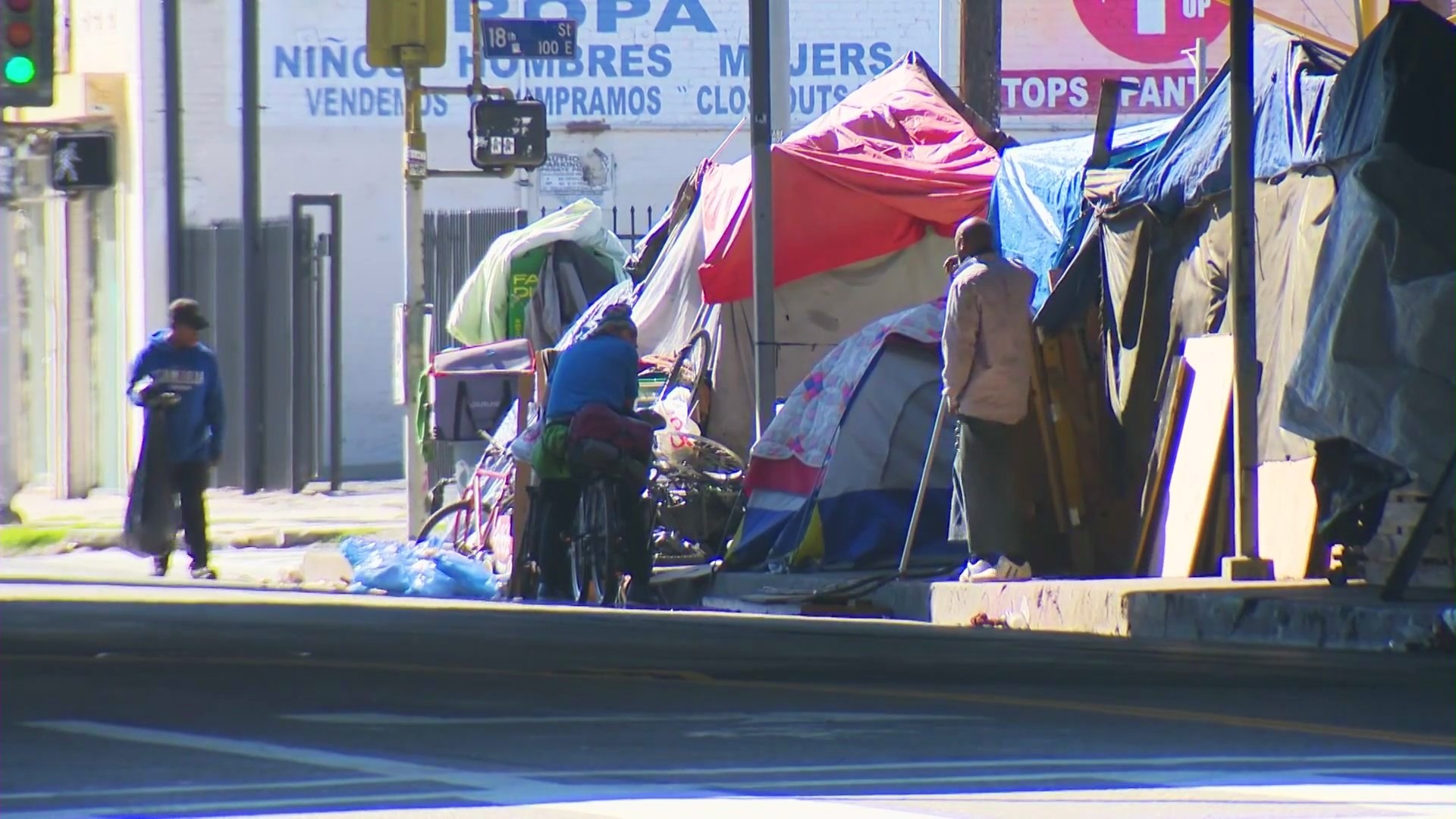 The sprawling homeless encampment sits near 17th Street underneath the 10 Freeway in downtown Los Angeles. (KTLA)