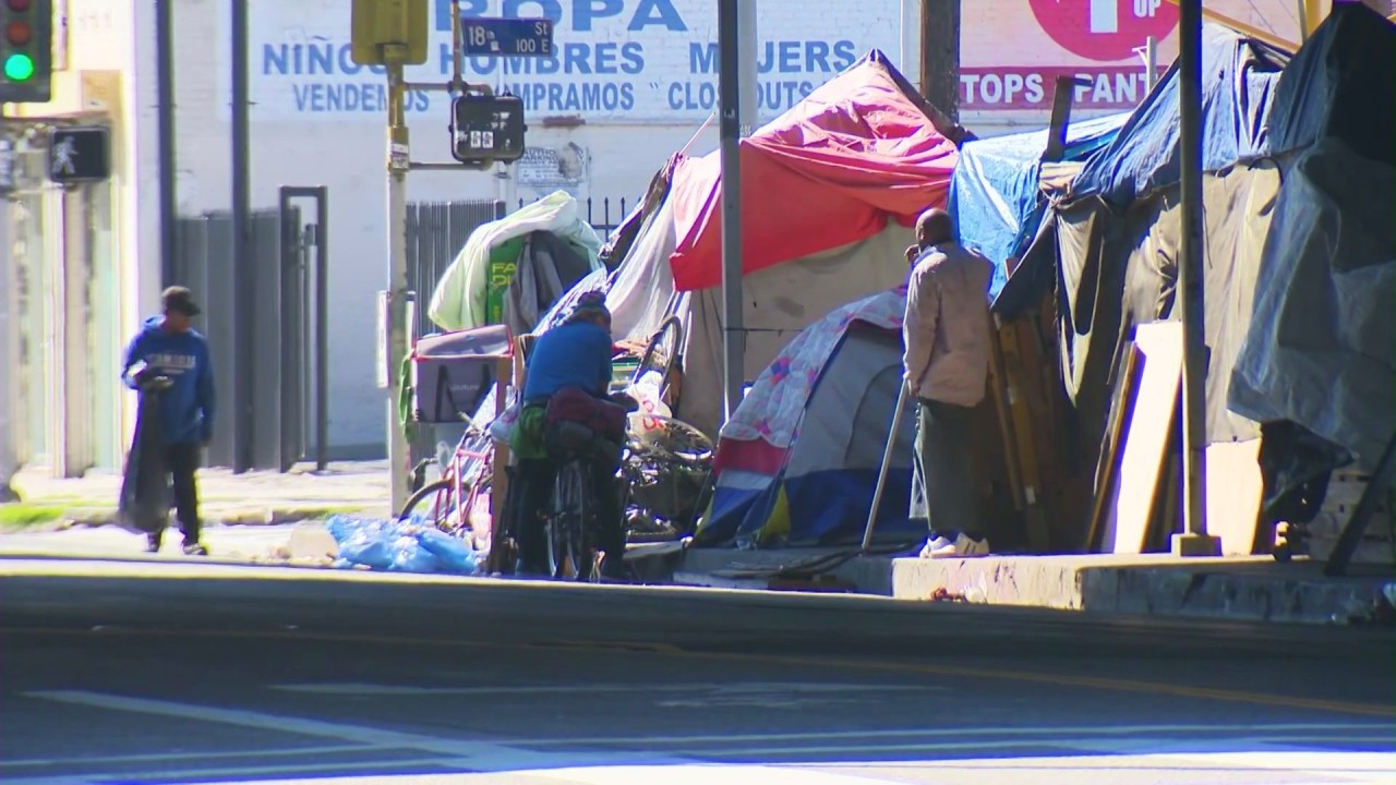 The sprawling homeless encampment sits near 17th Street underneath the 10 Freeway in downtown Los Angeles. (KTLA)