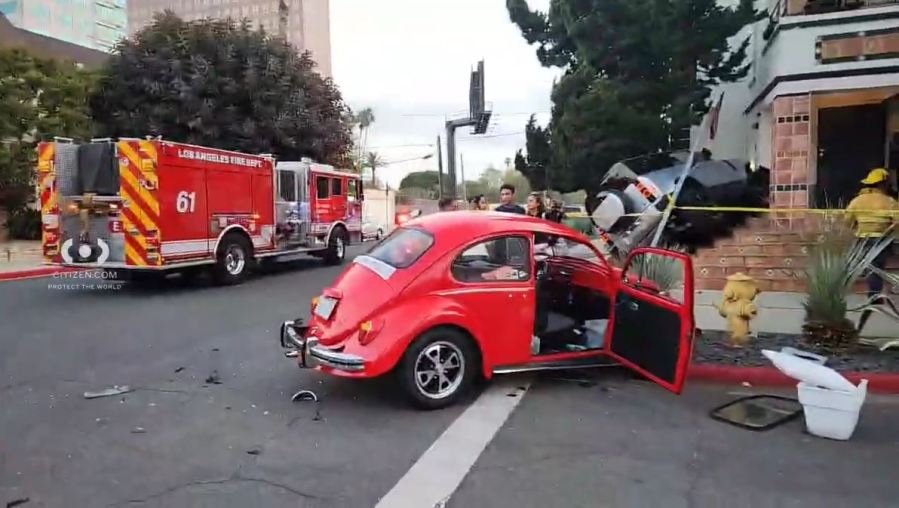 One person was hospitalized after a vehicle crashed into an apartment building in Los Angeles’ Beverly Grove neighborhood on Oct. 25, 2025. (Citizen)